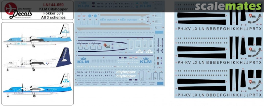 Boxart KLM Cityhoppers F-50 all 3 schemes LN144-659 Lima November Decals