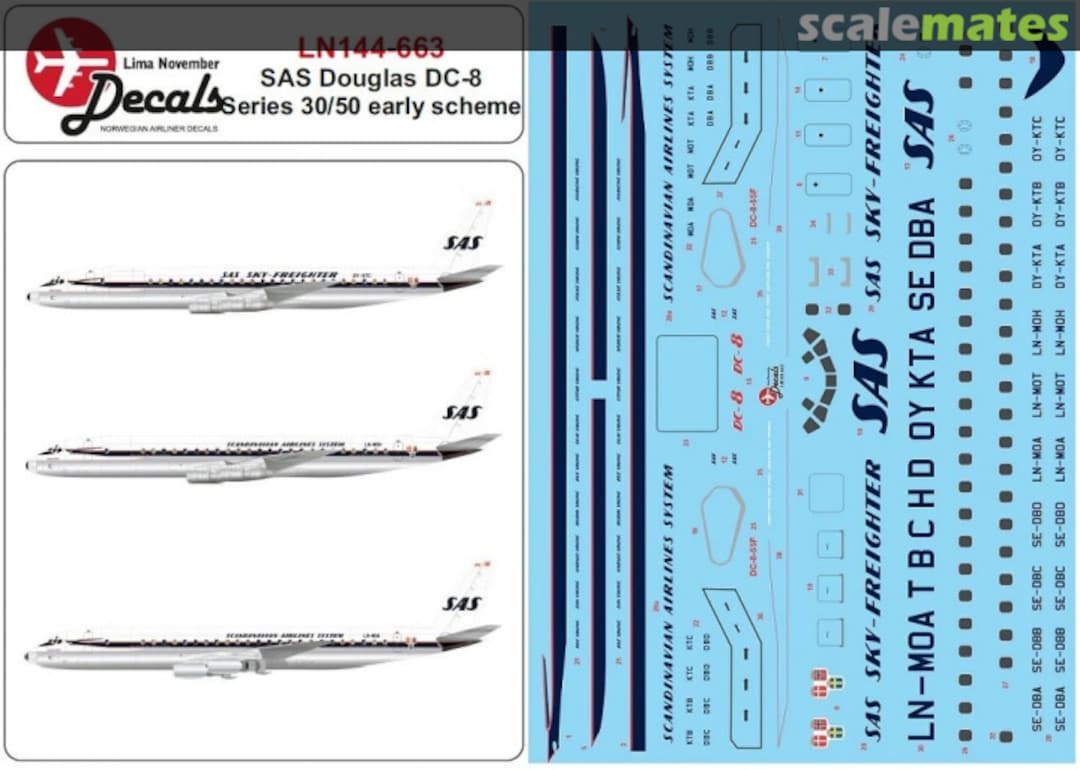 Boxart SAS DC-8 series 30/50 in the first scheme. LN144-663 Lima November Decals