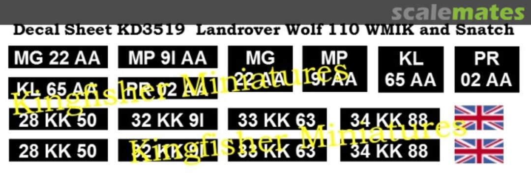 Boxart Landrover Wolf 110 WMIK & Snatch Number Plates KD3519 Kingfisher Miniatures