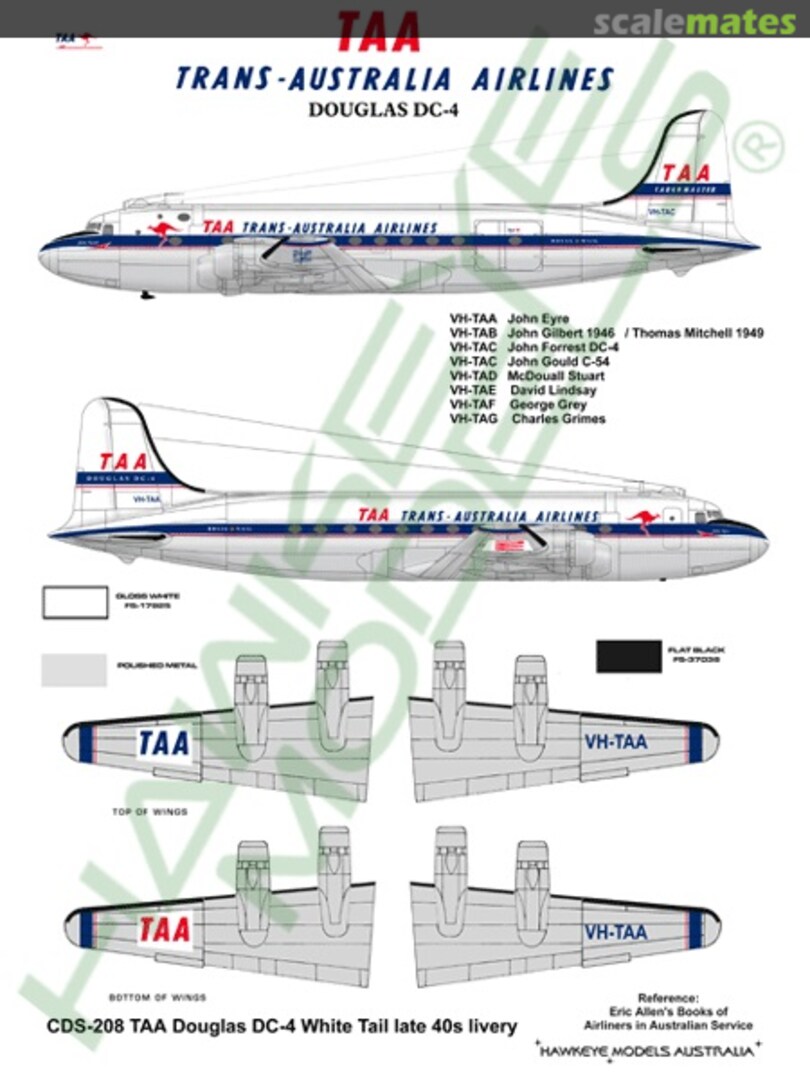 Boxart Trans-Australian Airlines (TAA), Douglas DC-4, White Tail Livery CDS-208 Hawkeye Models