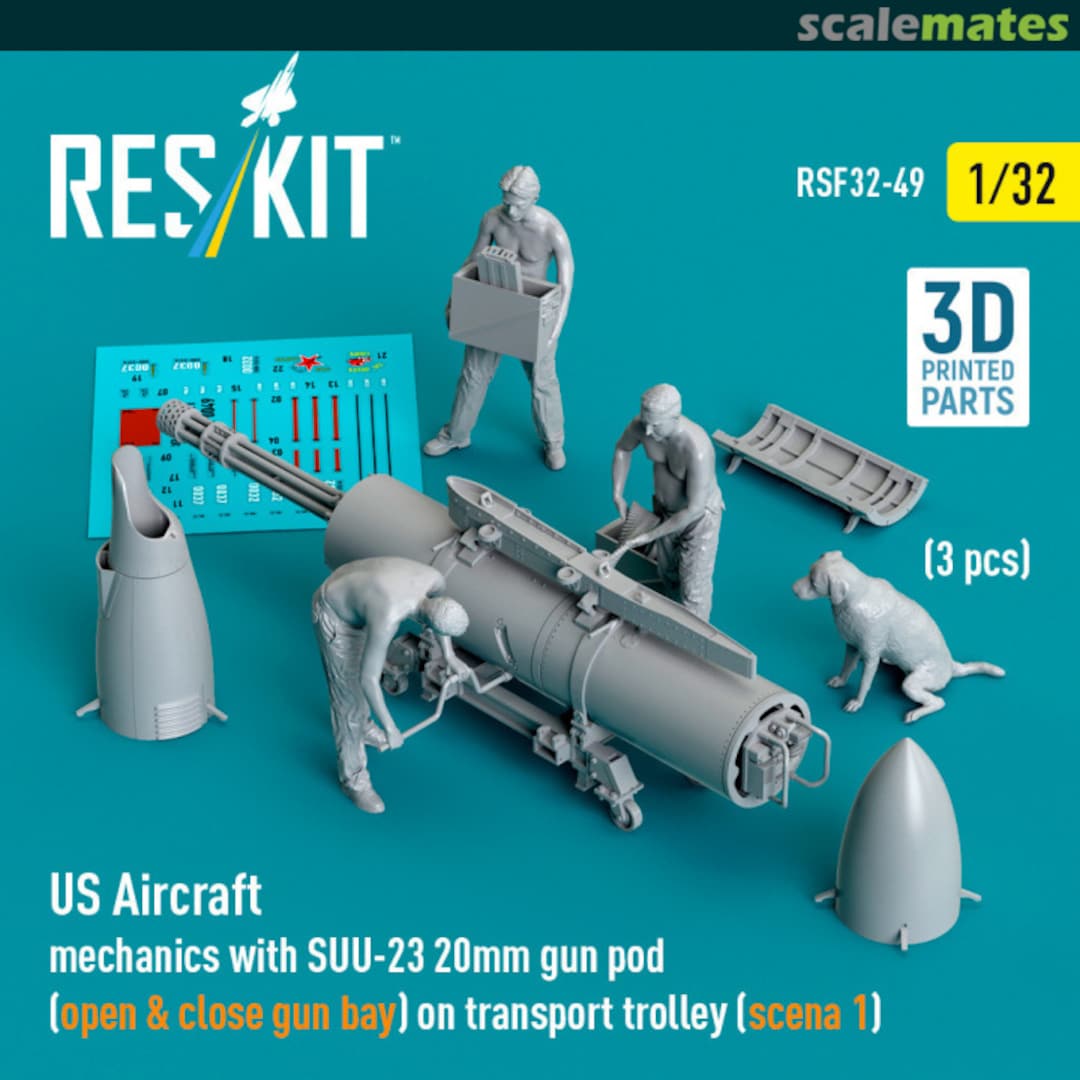 Boxart US Aircraft mechanics with SUU-23 20mm gun pod (open & close gun bay) on transport trolley (scene 1) (3 pcs) RSF32-0049 ResKit