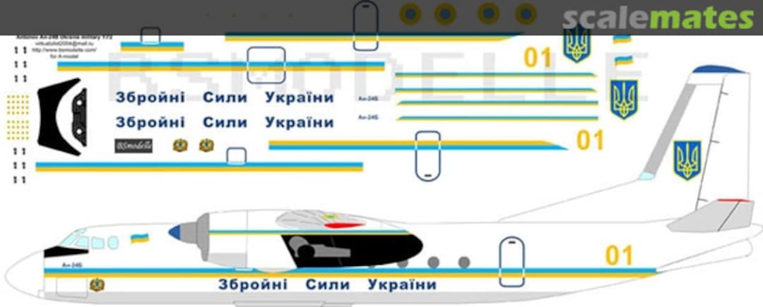 Boxart Antonov An-24 "01 Yellow" Ukraine AF decals BSM72041 BSmodelle