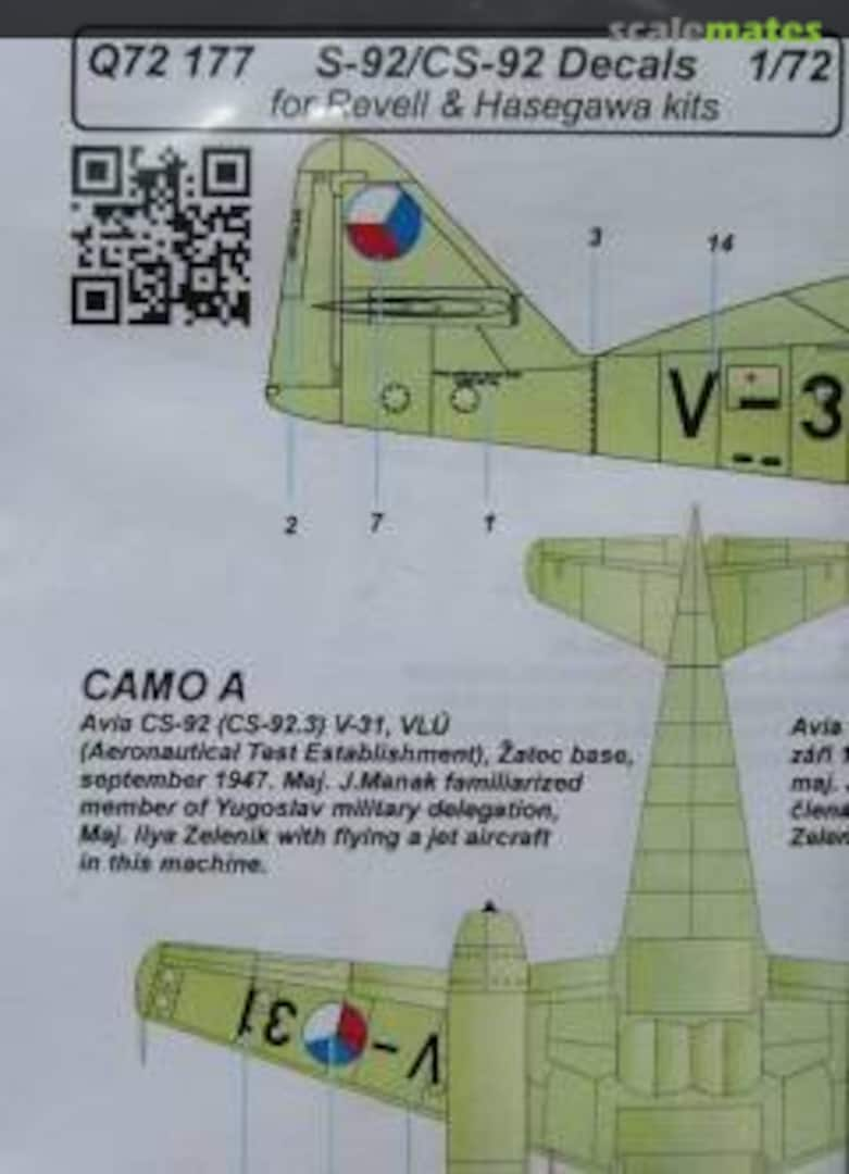 Boxart S-92/CS-92 decals (Czechoslovakian Me 262A/B) Q72177 CMK