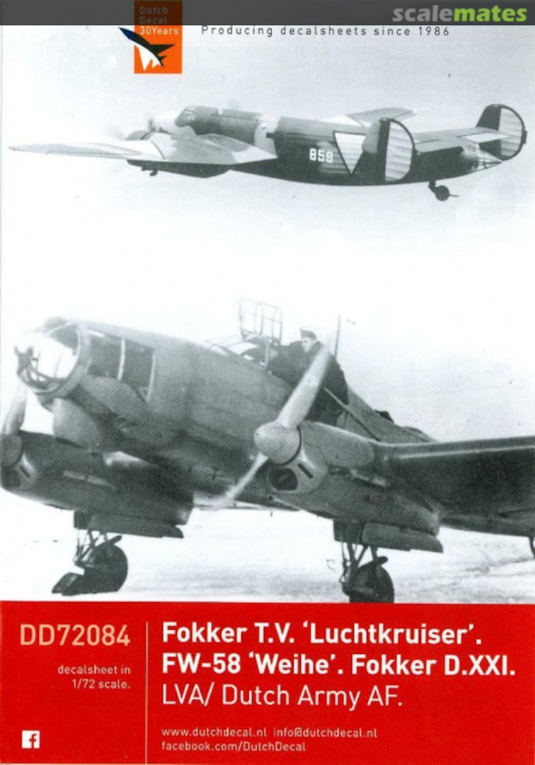 Boxart Fokker T.V. 'Luchtkruiser'. FW-58 'Weihe'. Fokker D.XXI. DD72084 Dutch Decal