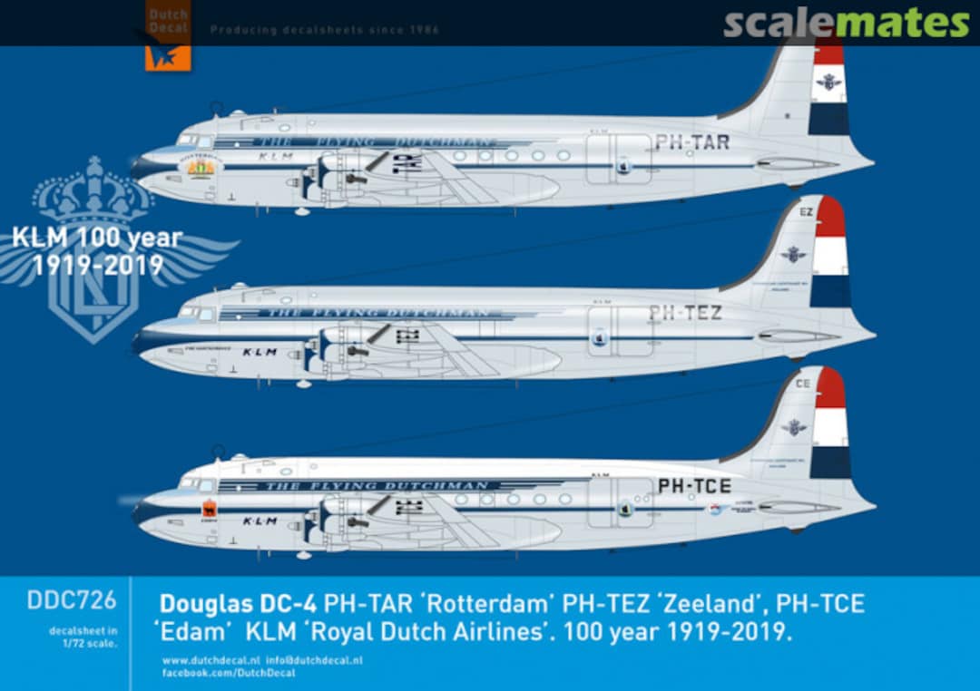 Boxart Douglas DC-4 PH-TAR 'Rotterdam' PH-TEZ 'Zeeland', PH-TCE ' Edam' KLM 'Royal Dutch Airlines'. 100 year 1919-2019. DDC726 Dutch Decal