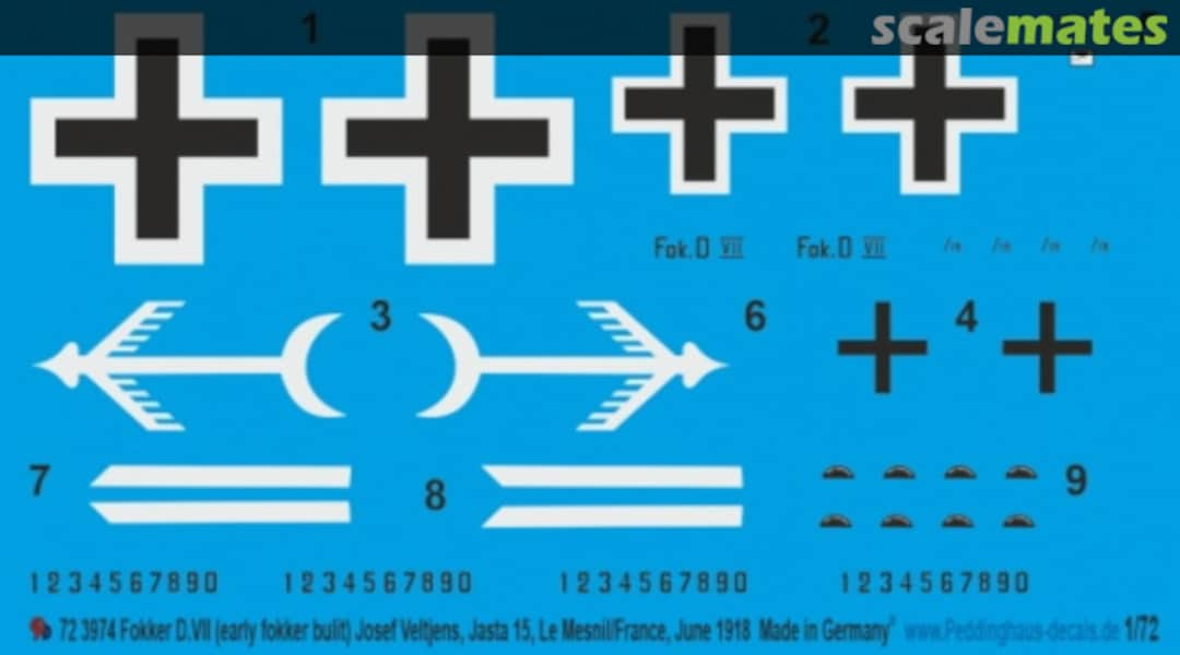 Boxart Fokker D.VII (early Fokker built), Josef Veltjens, Jasta 15, Mesnil/France, June 1918 72 3974 Peddinghaus-Decals