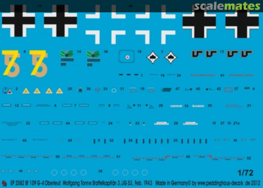 Boxart Bf 109 G-4 Oberleutnant Wolfgang Tonne Staffelkapitän 3./JG 53, Feb. 43 EP 2582 Peddinghaus-Decals