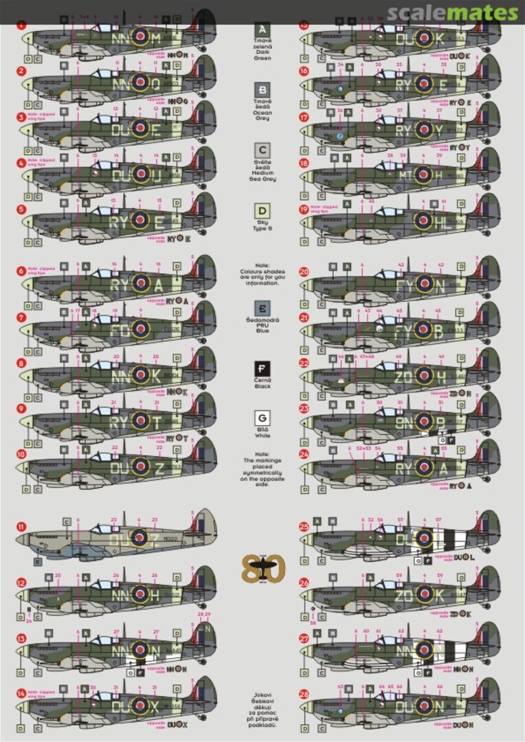 Contents Spitfire Mk.Vc, Mk.VI, Mk.VII, Mk.IX, Mk.XVI 72027 DK Decals