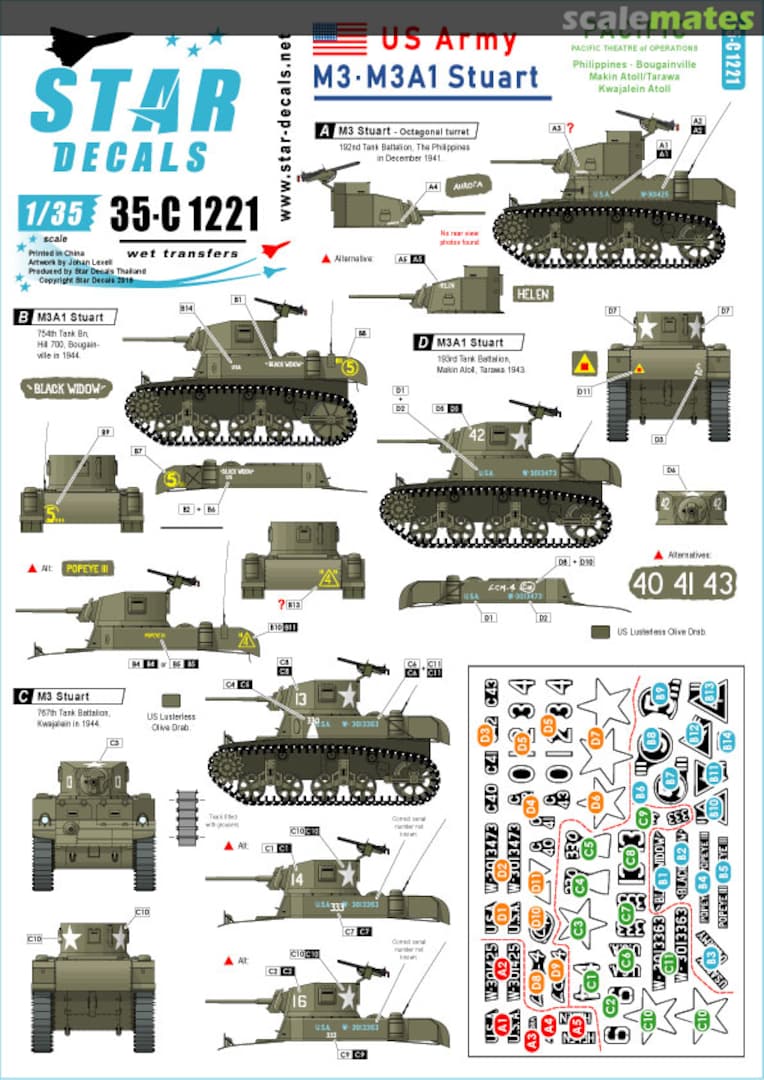 Boxart M3 and M3A1 Stuart. US Army 35-C1221 Star Decals