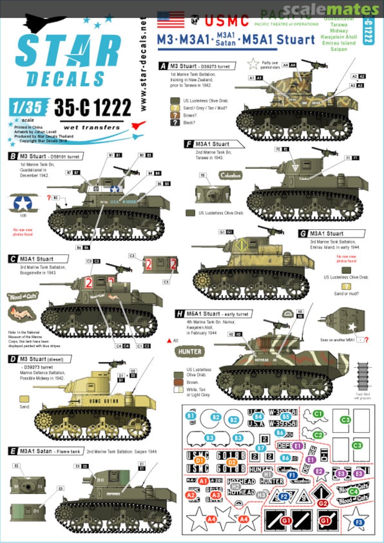 Boxart M3 - M3A1 - M3A1 Satan - M5A1 Stuart 35-C1222 Star Decals