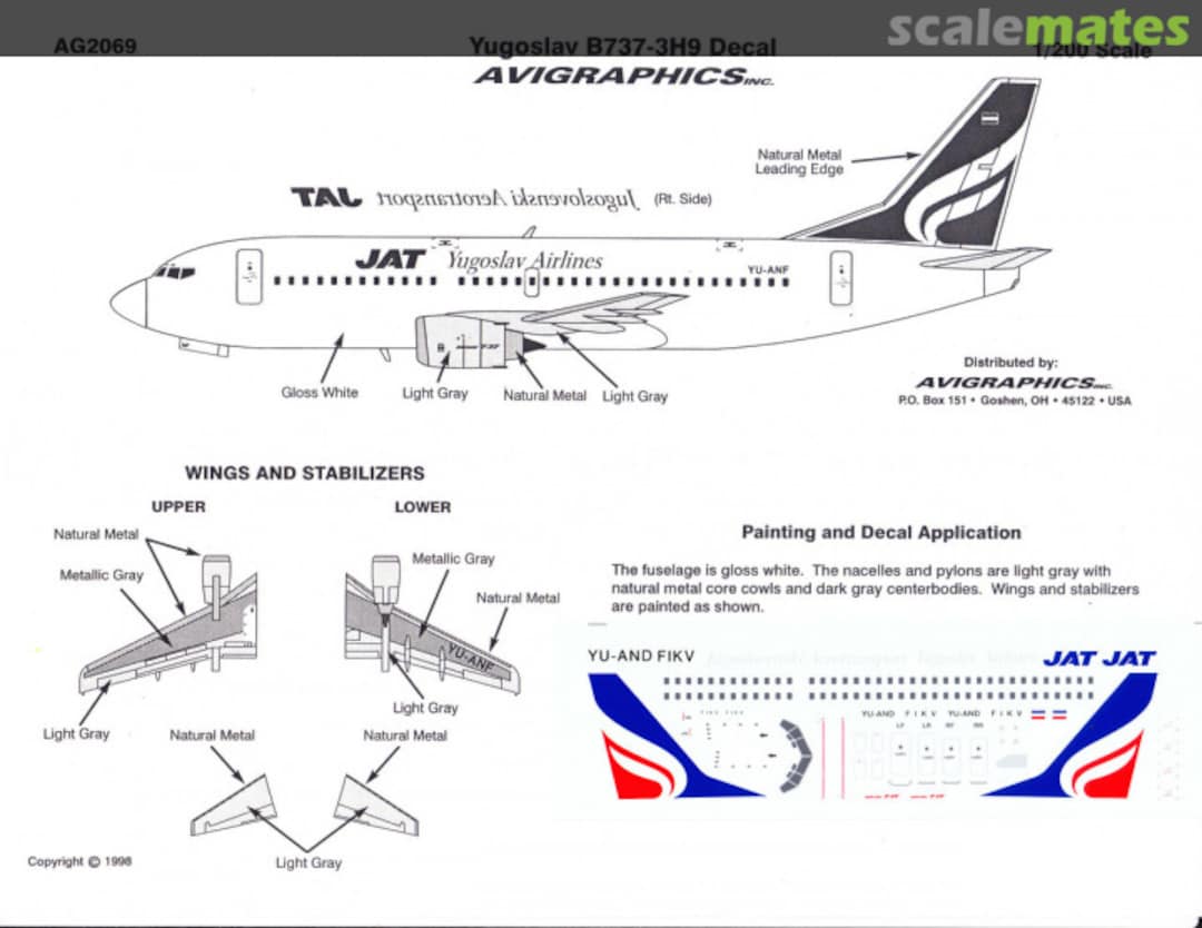 Boxart Yugoslav B737-3H9 Decal AG2069 Avigraphics