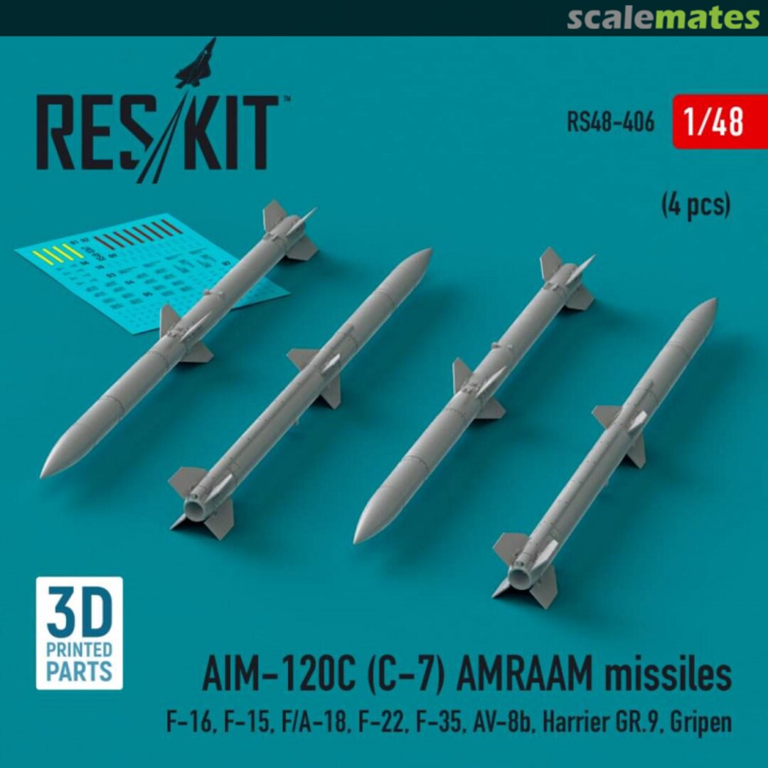 Boxart AIM-120C (C-7) AMRAAM missiles (4 шт.) (F-16, F-15, F/A-18, F-22, F-35, AV-8b, Harrier GR.9, Gripen) (3D Printed) RS48-0406 ResKit