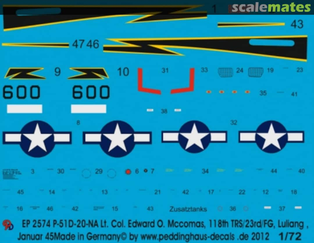 Boxart P-51D-20-NA Lt. Col Edward O. Mccomas, 118th TRS/23/FG, Luliand, Jan. 1945 EP 2574 Peddinghaus-Decals