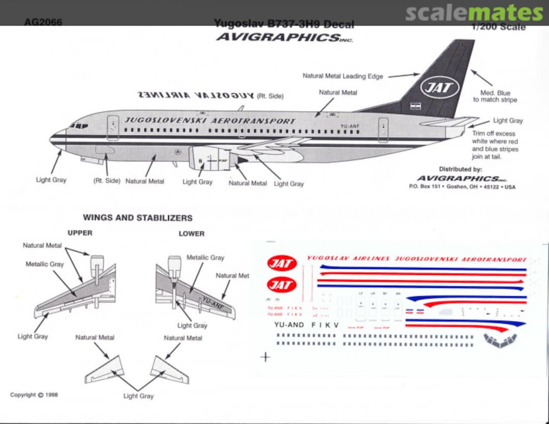 Boxart Yugoslav B737-3H9 Decal AG2066 Avigraphics