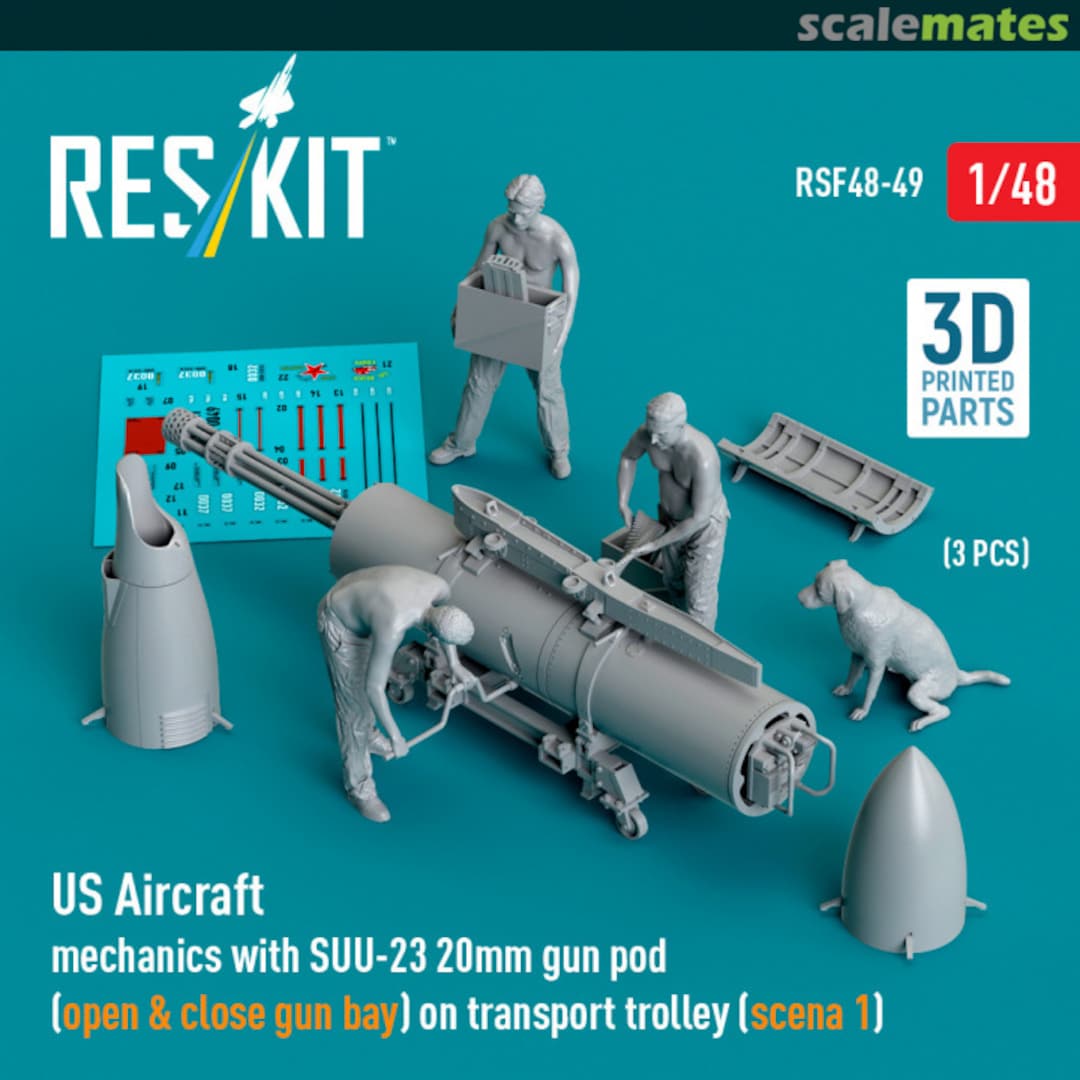 Boxart US Aircraft mechanics with SUU-23 20mm gun pod (open & close gun bay) on transport trolley (scene 1) (3 pcs) RSF48-0049 ResKit