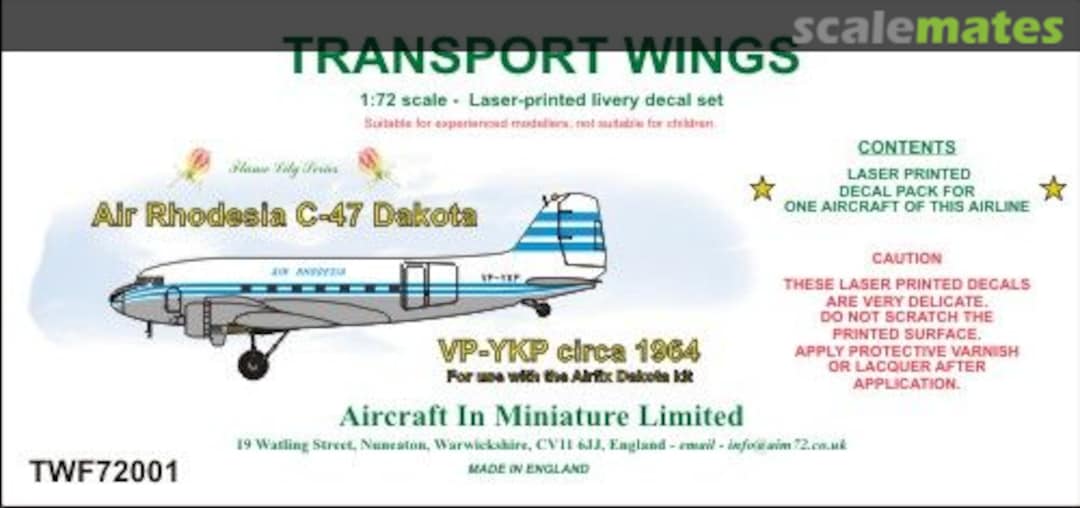 Boxart Air Rhodesia Douglas C-47A (circa 1964) decal set TWF72001 Aircraft In Miniature Ltd