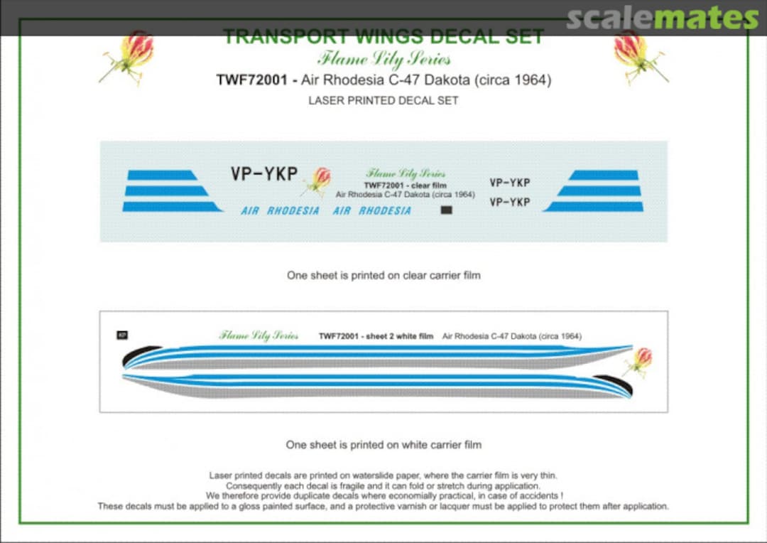 Contents Air Rhodesia Douglas C-47A (circa 1964) decal set TWF72001 Aircraft In Miniature Ltd