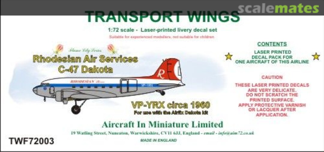 Boxart Rhodesian Air Services Dakota (circa 1960) decal set TWF72003 Aircraft In Miniature Ltd