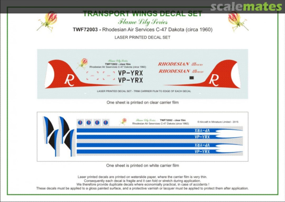 Contents Rhodesian Air Services Dakota (circa 1960) decal set TWF72003 Aircraft In Miniature Ltd