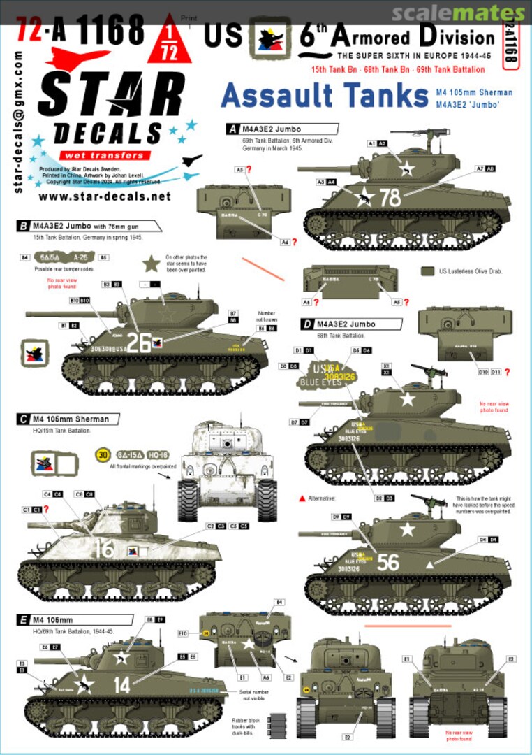 Boxart US 6th Armored Division # 2. Assault Tanks. M4 105mm, M4A3E2 Jumbo. 72-A1168 Star Decals