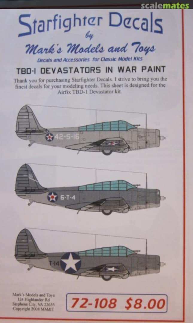 Boxart TBD-1 Devastators in War Paint 72-108 Starfighter Decals