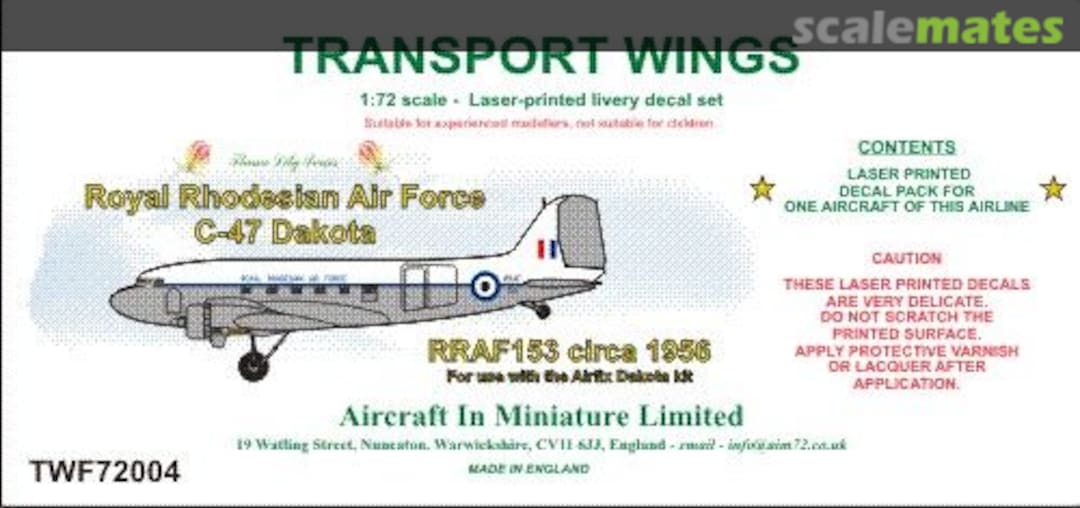 Boxart Royal Rhodesian Air Force C-47 Dakota (circa 1956) decal set. TWF72004 Aircraft In Miniature Ltd