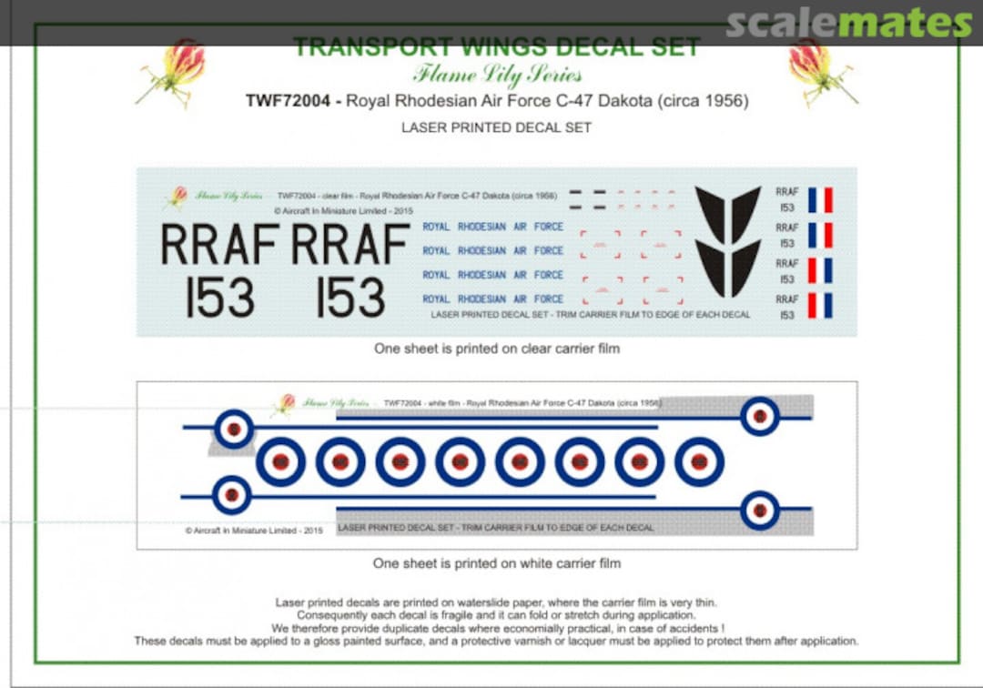 Contents Royal Rhodesian Air Force C-47 Dakota (circa 1956) decal set. TWF72004 Aircraft In Miniature Ltd