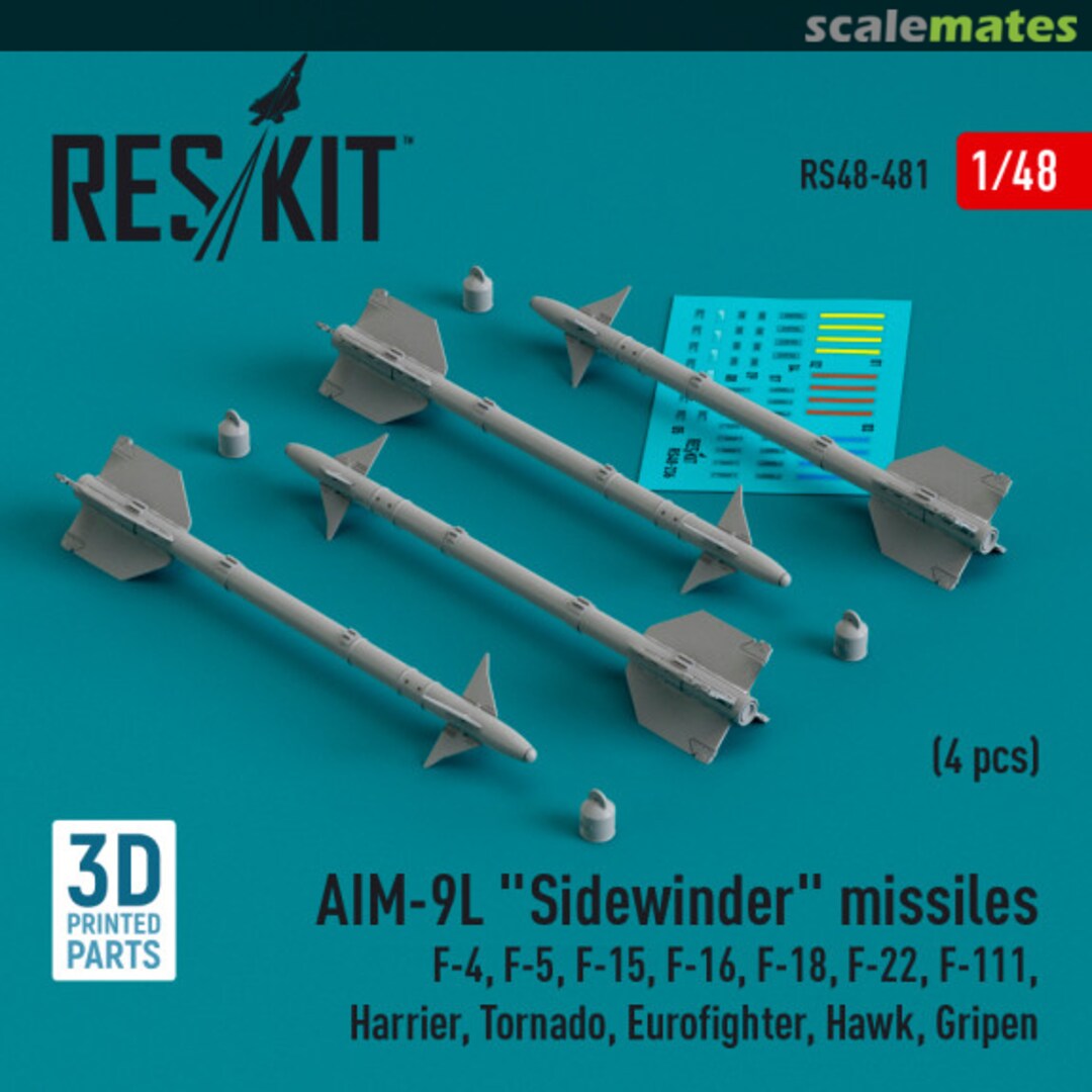 Boxart AIM-9L Sidewinder missiles (4 шт.) (F-4, F-5, F-15, F-16, F-18, F-22, F-111, Harrier, Tornado, Eurofighter, Hawk, Gripen) (3D Printed) RS48-0481 ResKit