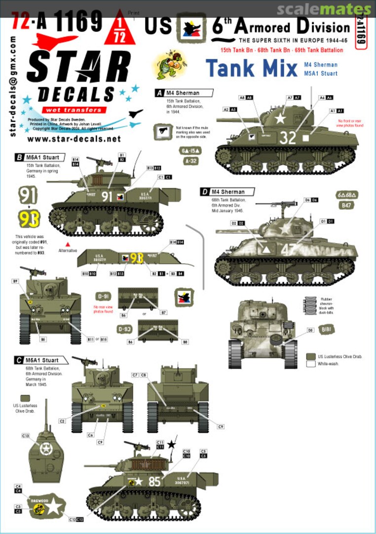 Boxart US 6th Armored Division # 3. Tank Mix. M4 Sherman, M5A1 Stuart. 72-A1169 Star Decals