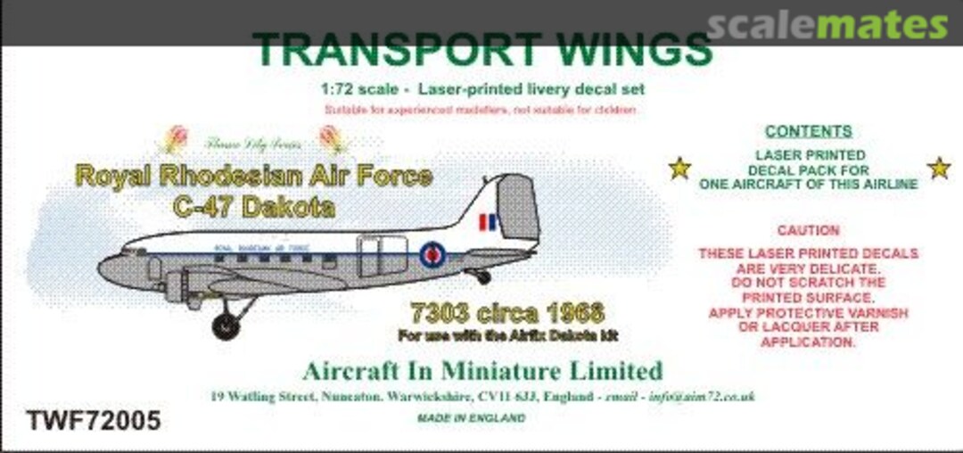 Boxart Royal Rhodesian Air Force C-47 Dakota (circa 1968) decal set. TWF72005 Aircraft In Miniature Ltd