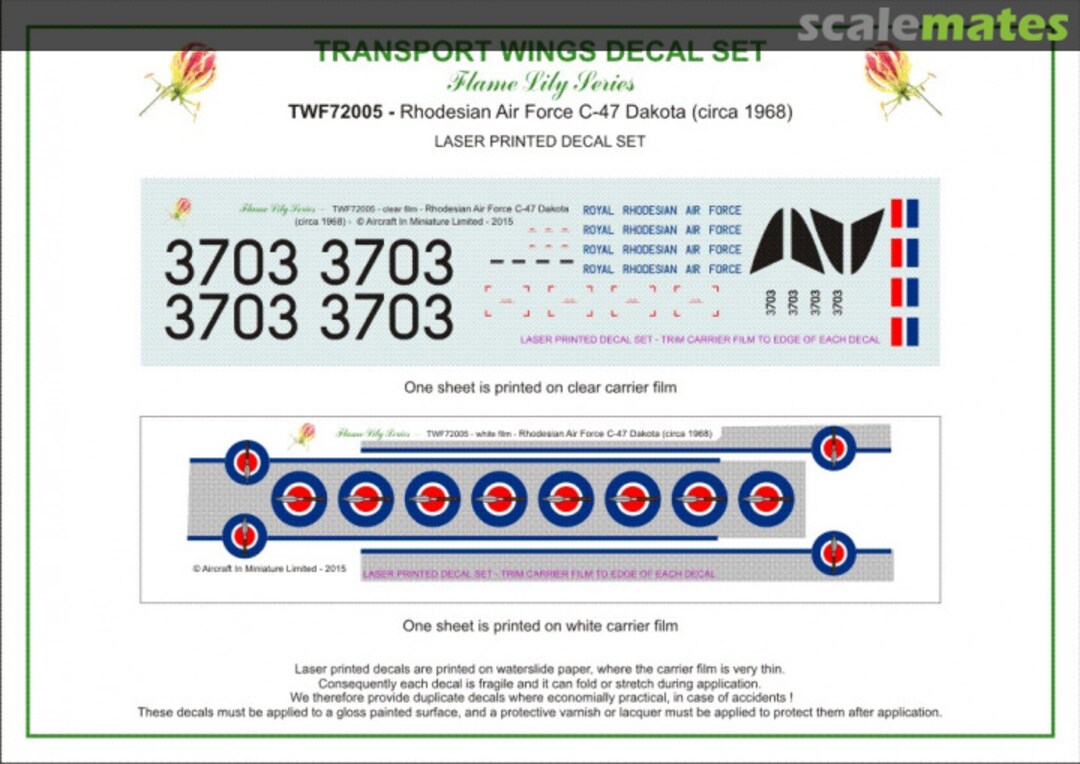 Contents Royal Rhodesian Air Force C-47 Dakota (circa 1968) decal set. TWF72005 Aircraft In Miniature Ltd