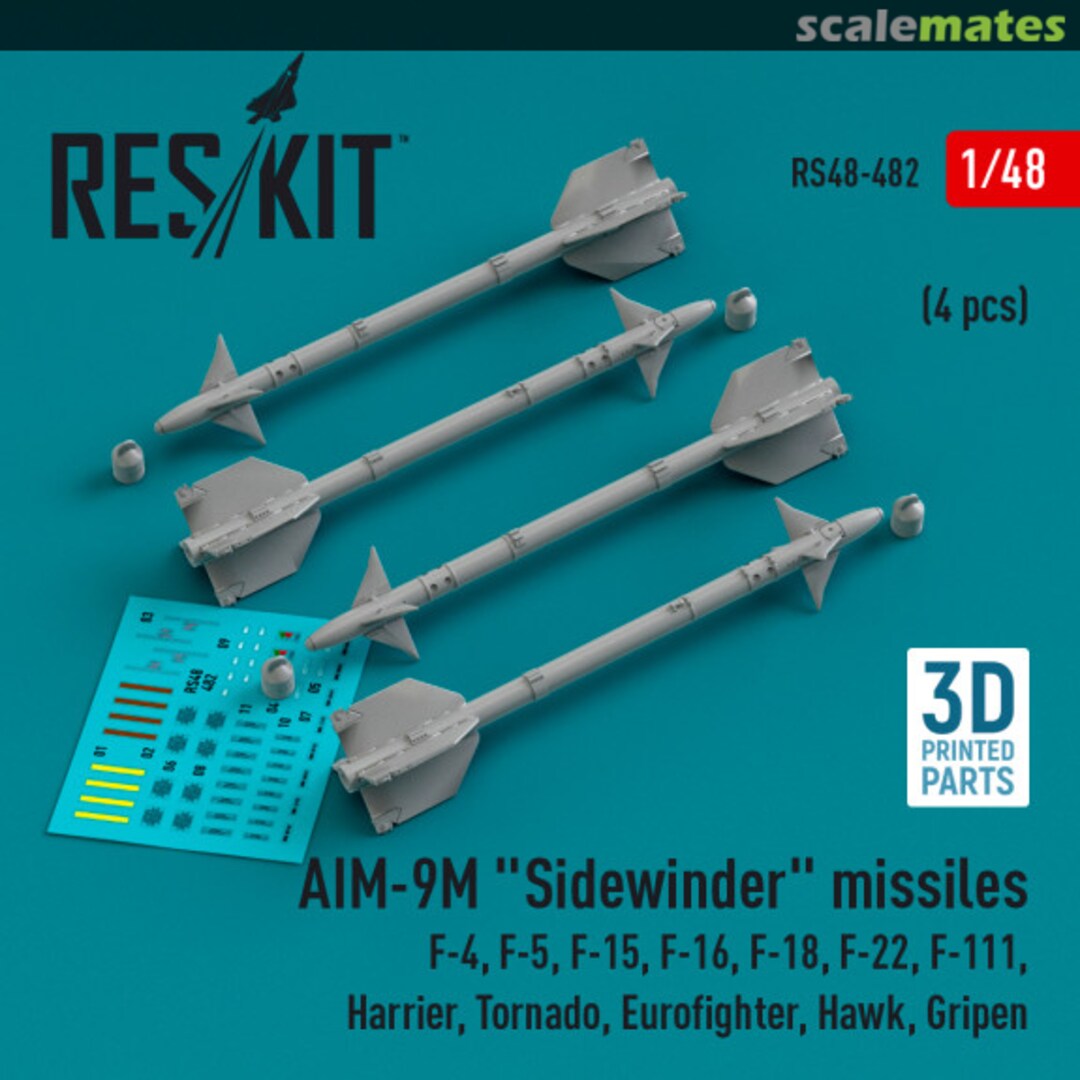 Boxart AIM-9M Sidewinder missiles (4 шт.) (F-4, F-5, F-15, F-16, F-18, F-22, F-111, Harrier, Tornado, Eurofighter, Hawk, Gripen) (3D Printed) RS48-0482 ResKit