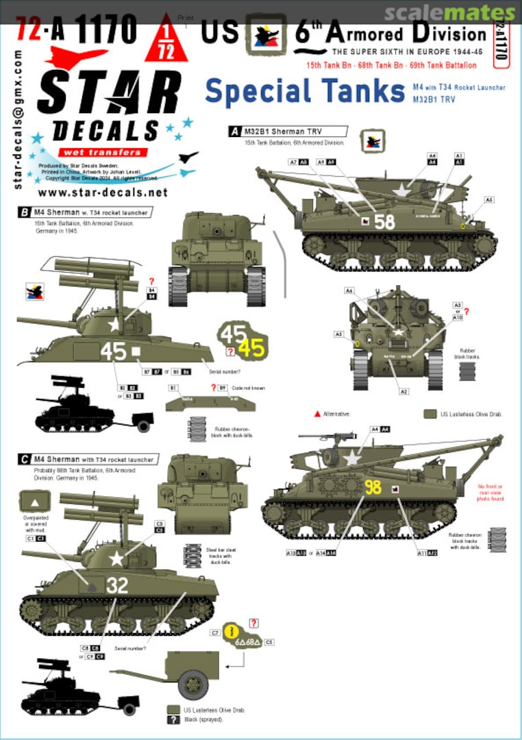 Boxart US 6th Armored Division # 4. Special Tanks. M4 with T34 Rocket Launcher and M32B1 TRV. 72-A1170 Star Decals