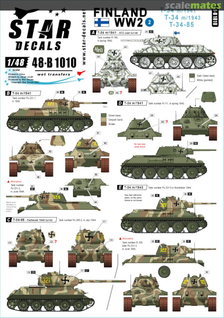 Boxart T-34 m/1941, T-34 m/1943 and T-34-85. 48-B1010 Star Decals