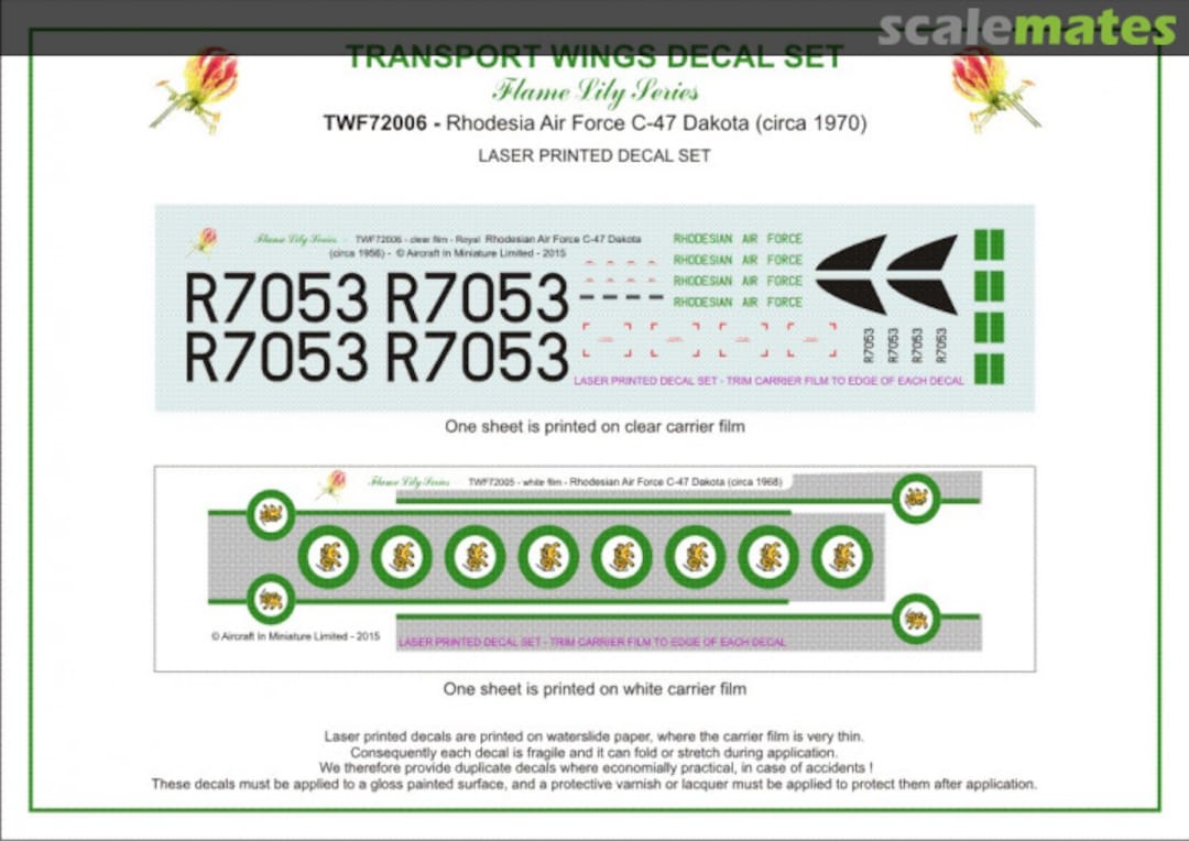 Contents Rhodesian Air Force C-47 Dakota (circa 1970) decal set. TWF72006 Aircraft In Miniature Ltd