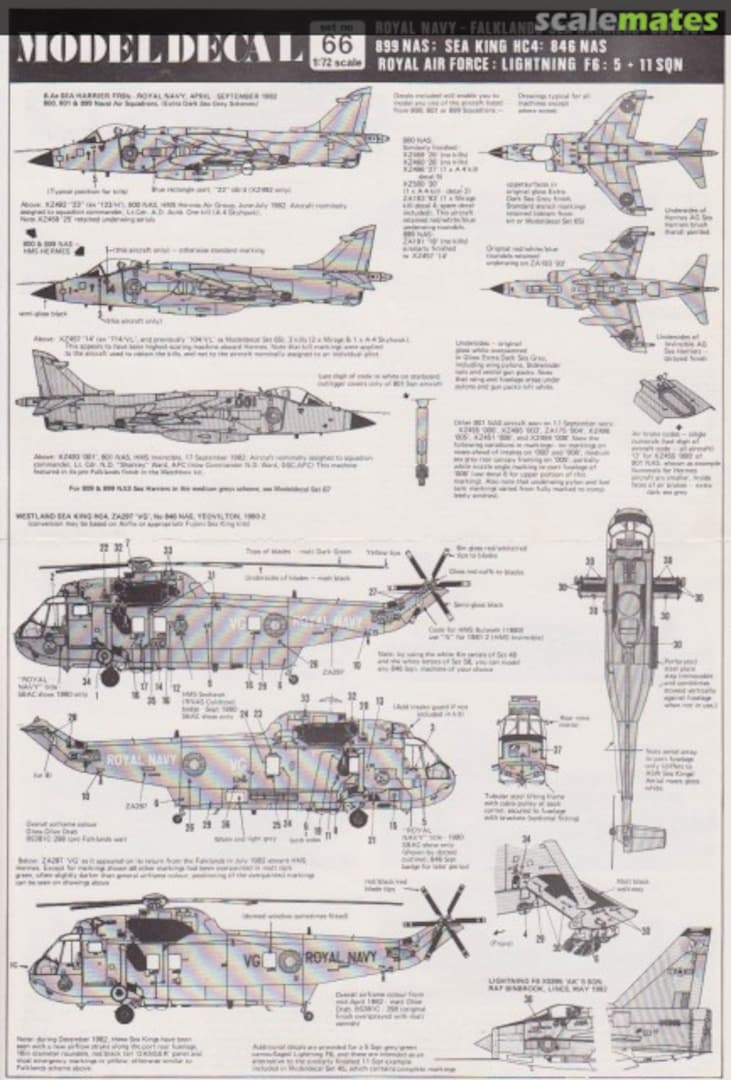 Boxart Royal Navy - Falklands Sea Harriers: 800, 801 + 899 NAS; Sea King HC4: 846 NAS | Royal Air Force: Lightning F6: 5 + 11 Sqn 66 Modeldecal