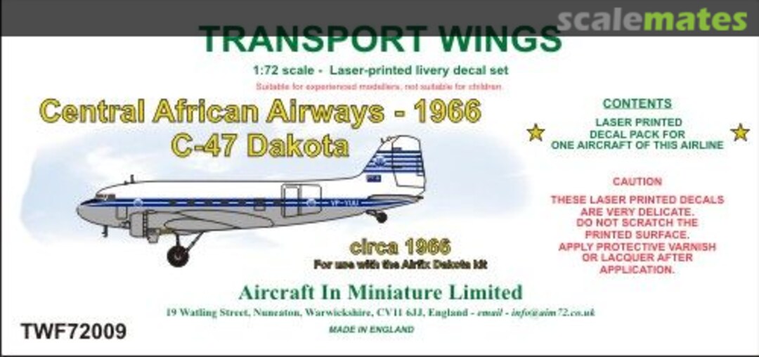 Boxart Central African Airways C-47 Dakota (circa 1966) decal set. TWF72009 Aircraft In Miniature Ltd