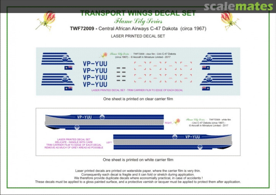 Contents Central African Airways C-47 Dakota (circa 1966) decal set. TWF72009 Aircraft In Miniature Ltd