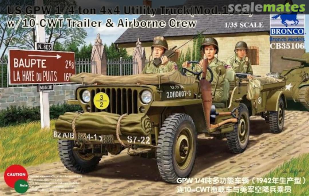 Boxart GPW 1/4ton 4×4 Utility Truck (Mod.1942) w/10-cwt Trailer & Airborne Crew CB35106 Bronco