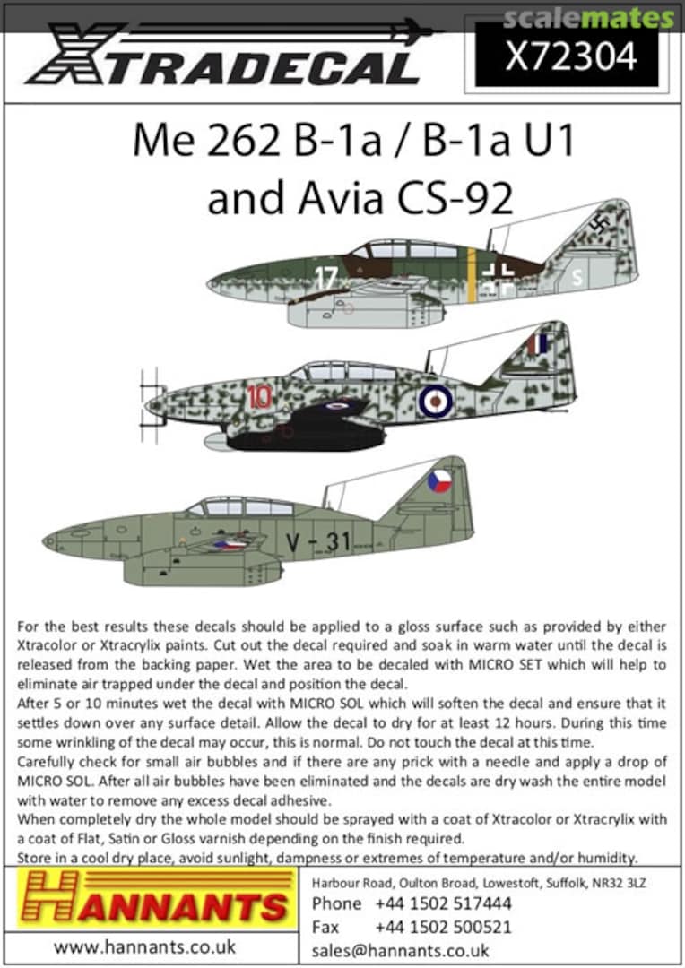 Boxart Messerschmitt Me 262 B-1a/B-1a U1 and Avia CS-92 X72304 Xtradecal