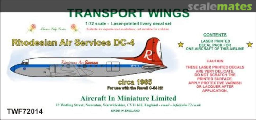 Boxart Rhodesian Air Services Douglas DC-4 (circa 1965) decal set. TWF72014 Aircraft In Miniature Ltd