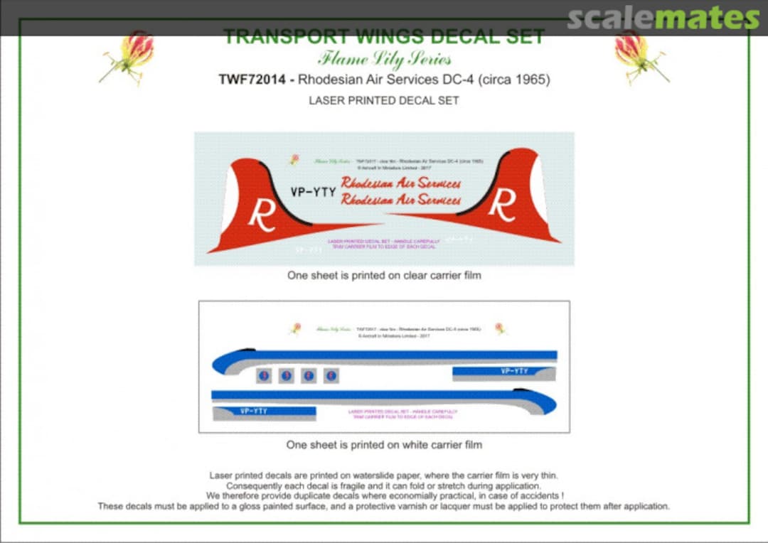 Contents Rhodesian Air Services Douglas DC-4 (circa 1965) decal set. TWF72014 Aircraft In Miniature Ltd