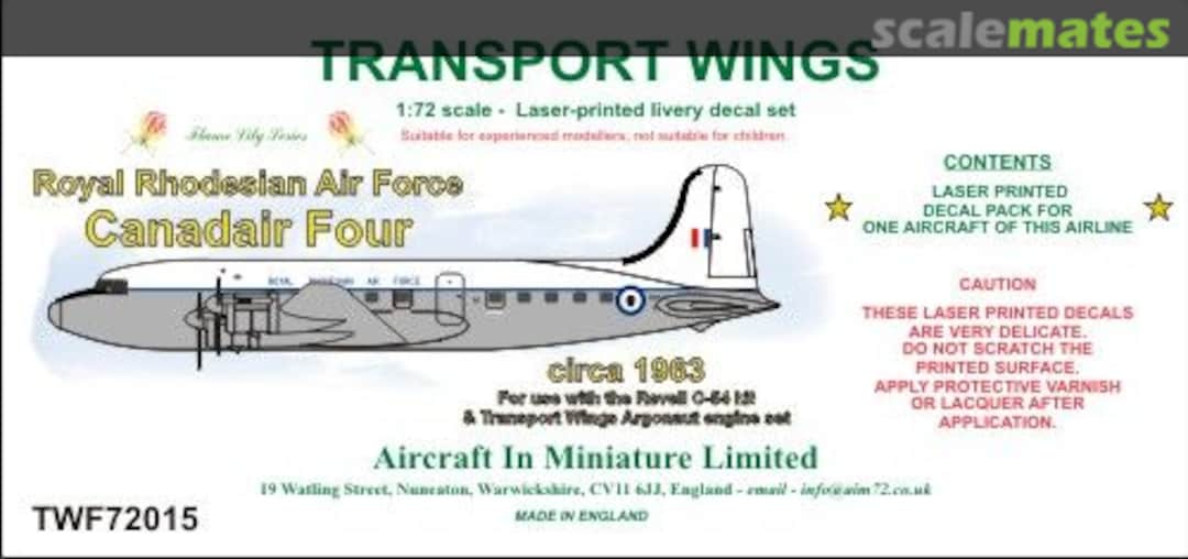 Boxart Royal Rhodesian Air Force Canadair C-4 Argonaut (circa 1963) decal set TWF72015 Aircraft In Miniature Ltd