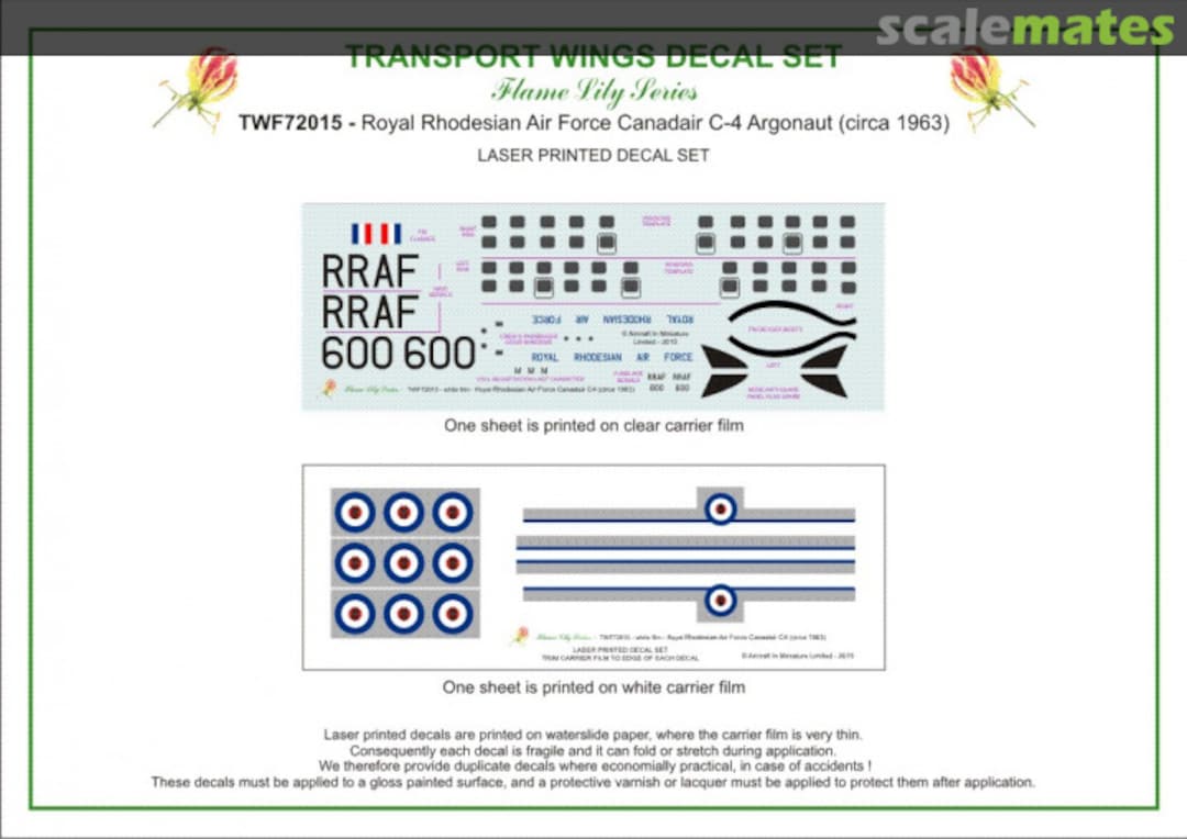 Contents Royal Rhodesian Air Force Canadair C-4 Argonaut (circa 1963) decal set TWF72015 Aircraft In Miniature Ltd