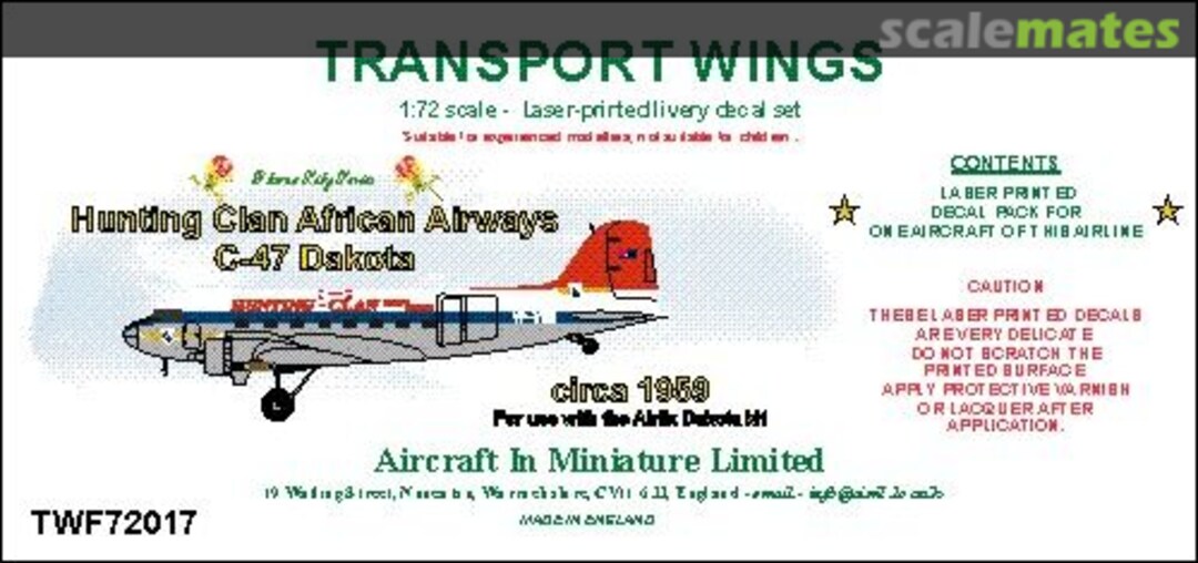 Boxart Hunting Clan African Airways C-47 Dakota (circa 1959) decal set. TWF72017 Aircraft In Miniature Ltd