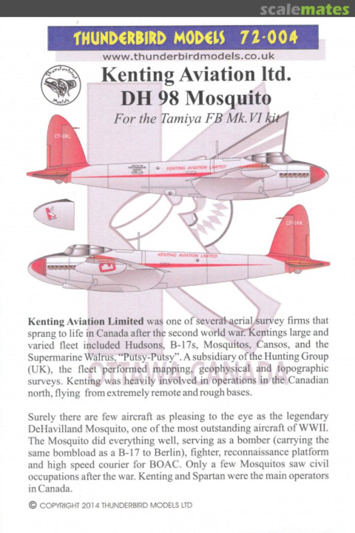 Boxart Kenting Aviation Ltd DH 98 Mosquito 72-004 Thunderbird Models