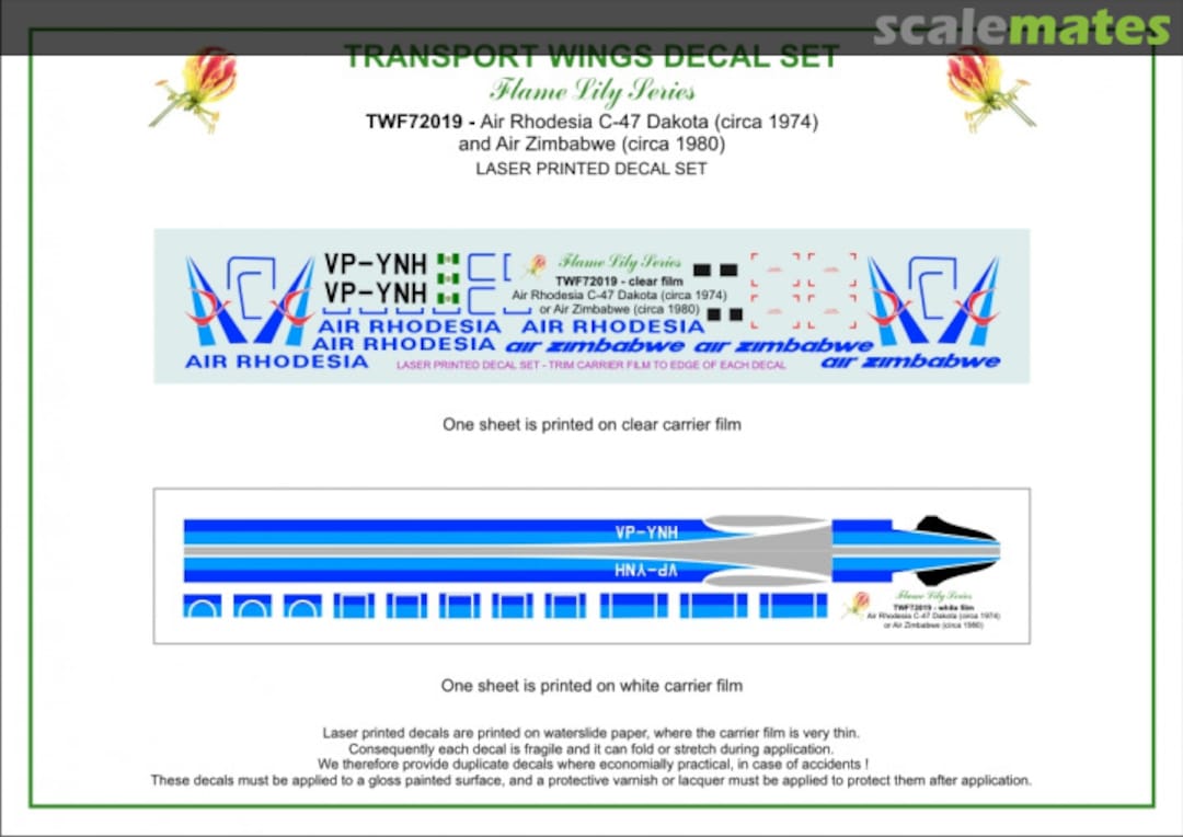 Contents Air Rhodesia (circa 1974) and Air Zimbabwe (circa 1980) C-47 decal set. TWF72019 Aircraft In Miniature Ltd