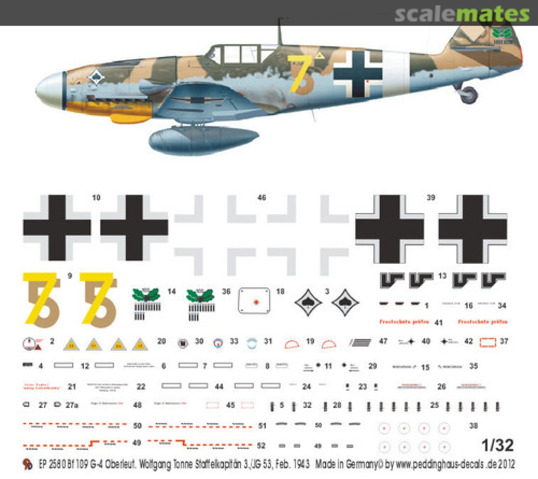 Boxart Bf 109 G-4 Oberleut. Wolfgang Tonne Staffelkapitän 3./JG 53 Feb. 43 EP 2580 Peddinghaus-Decals