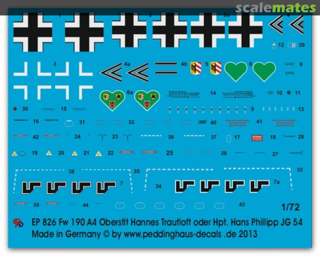 Boxart Fw 190 A4 Oberstl. Hannes Trautloft oder Hpt. Hans Philipp JG 54 EP 826 Peddinghaus-Decals