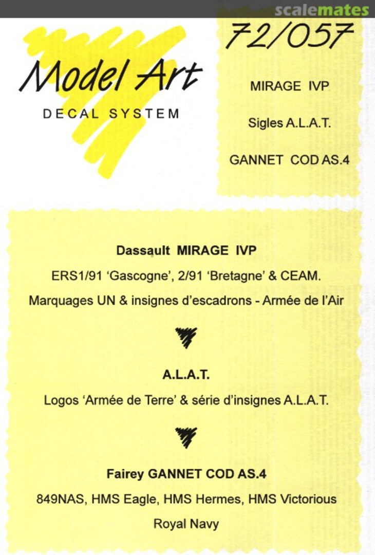 Boxart Dassault Mirage IVP, sigles A.L.A.T., Fairey Gannet COD AS.4 72/057 Model Art Decal System